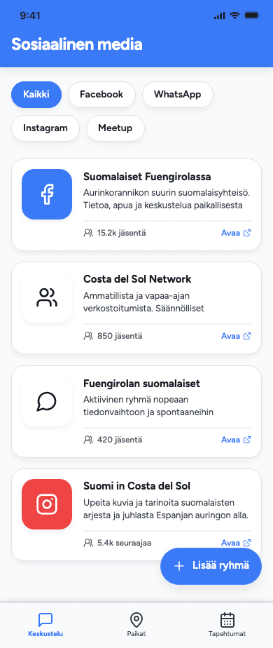Sosiaalinen media -näkymä sovelluksessa