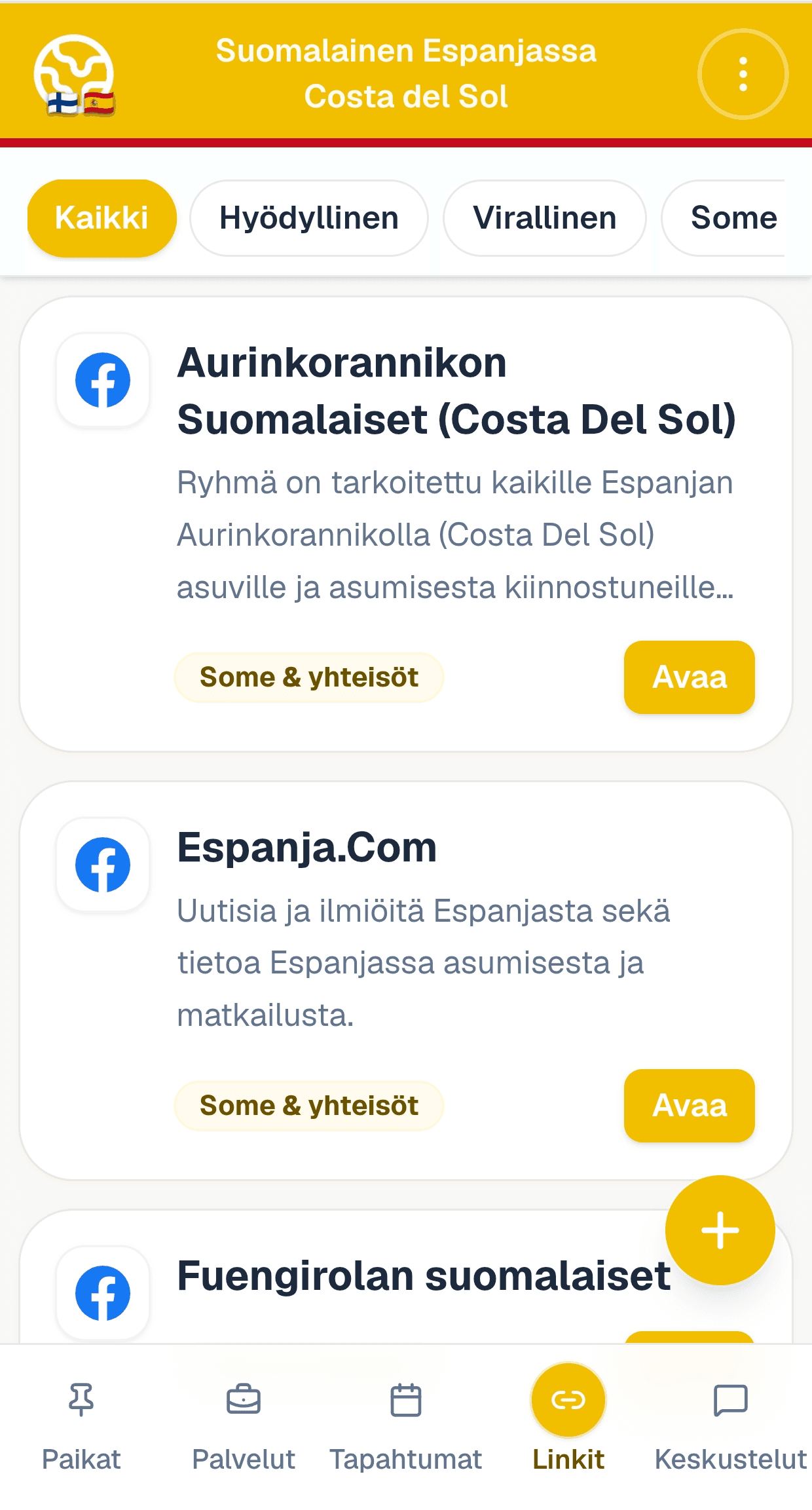 Linkit-näkymä sovelluksessa